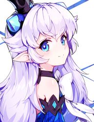  bad_id bad_pixiv_id bare_shoulders blue_eyes blush bow crown demon_power_(elsword) detached_sleeves elsword female hwansang jewelry long_hair looking_at_viewer luciela_r._sourcream mini_crown pointy_ears profile smile solo star-shaped_pupils star_(symbol) symbol-shaped_pupils upper_body white_bow white_hair 