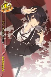  1boy bird black_hair blue_eyes card_(medium) character_name eva_armstrong highres i-chu male_focus official_art one_eye_closed owl ribbon sammy_(i-chu) solo 