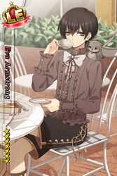  1boy bird black_hair blue_eyes card_(medium) character_name crossed_legs cup eva_armstrong food goth_fashion highres i-chu male_focus official_art owl pie sammy_(i-chu) solo tea teacup 