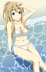  alternate_hairstyle beach bikini blonde_hair blue_eyes commentary_request cp9a female k-on! kotobuki_tsumugi long_hair photoshop_(medium) ponytail smile solo swimsuit thick_eyebrows white_bikini 