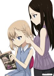  2girls adjusting_another&#039;s_hair black_hair black_pants blonde_hair blue_dress blue_eyes braid casual chair closed_mouth collared_dress commentary dress girls_und_panzer holding holding_magazine katyusha_(girls_und_panzer) light_frown long_hair looking_at_another magazine_(object) multiple_girls nonna_(girls_und_panzer) one-hour_drawing_challenge pants ribbed_sweater shibagami short_dress short_hair side_braid simple_background sitting sleeveless sleeveless_dress smile standing sweater swept_bangs twitter_username white_background 