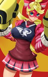  arms_(game) blonde_hair blue_eyes boxing_gloves breasts commentary earrings english_commentary female hair_ribbon janong jewelry large_breasts lips long_hair looking_at_viewer mask ribbon ribbon_girl_(arms) skirt smile solo sparky_(arms) 