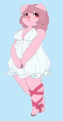  anthro blue_background breasts clothed clothing domestic_pig female hair mammal outline pink_hair powderkona red_eyes short_hair simple_background solo suid suina sus_(pig) 