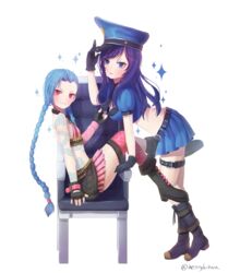  2girls adjusting_clothes adjusting_headwear bad_id bad_pixiv_id belt blue_eyes blue_hair boots braid breasts bullet caitlyn_(league_of_legends) chair fingerless_gloves gloves grabbing hanato_(seonoaiko) hat jewelry jinx_(league_of_legends) league_of_legends long_hair looking_at_viewer midriff multiple_girls necklace officer_caitlyn pink_eyes police police_hat police_uniform policewoman simple_background sitting skirt small_breasts smile tattoo twin_braids twitter_username uniform very_long_hair weapon 