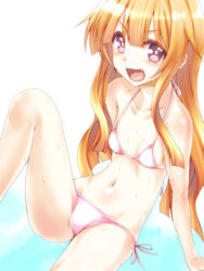  :d amatsuka_mao bikini commentary_request eyes_visible_through_hair female flat_chest gj-bu highres kurokawa_(silve) long_hair looking_at_viewer navel oerba_yun_fang open_mouth orange_hair photoshop_(medium) pink_bikini pink_eyes side-tie_bikini_bottom simple_background sitting smile solo swimsuit v-shaped_eyebrows water_drop wavy_hair white_background 