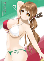  ? bikini breasts brown_eyes brown_hair commentary_request female flag_background flag_print highres italian_flag italian_flag_bikini kantai_collection large_breasts littorio_(kancolle) long_hair marl35 ponytail print_bikini solo swimsuit translation_request 