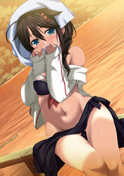  ass_visible_through_thighs bad_id bad_pixiv_id bikini black_bikini blue_eyes braid brown_hair covering_own_mouth evening female front-tie_top groin hair_between_eyes hair_flaps hair_ornament hair_over_shoulder hair_ribbon highres kantai_collection long_hair midriff nijimoto_hirok no_panties ribbon sailor_bikini sailor_collar sarong shigure_(kancolle) shigure_kai_ni_(kancolle) single_braid sitting solo swimsuit tan tanlines water 