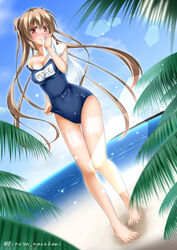  artist_name ass_visible_through_thighs bad_id bad_pixiv_id barefoot beach blush brown_eyes brown_hair day dutch_angle female full_body kantai_collection legs lens_flare long_hair murasame_(kancolle) narukami_ginryuu new_school_swimsuit ocean one-piece_swimsuit outdoors photoshop_(medium) pigeon-toed school_swimsuit sky smile solo swimsuit tan tanlines towel twintails very_long_hair water 