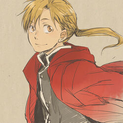  1boy alphonse_elric bad_id bad_pixiv_id black_shirt blonde_hair coat conqueror_of_shambala floating_hair fullmetal_alchemist grey_background happy long_hair looking_away male_focus ponytail red_coat shirt simple_background smile solo tame upper_body yellow_eyes 