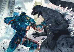  aircraft battle commentary_request crossover duel gipsy_danger godzilla godzilla_(series) helicopter hion_s jaeger_(pacific_rim) kaijuu mecha military military_vehicle monster no_humans open_mouth pacific_rim photoshop_(medium) red_eyes robot science_fiction super_robot tail traditional_media 