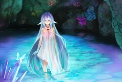  blue_eyes blue_hair butterfly dress hikonyaaa long_hair original pointed_ears water 