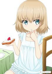  blonde_hair blue_eyes bread bread_slice casual chair commentary dress female finger_to_mouth food fork frilled_dress frills fruit girls_und_panzer holding holding_food katyusha_(girls_und_panzer) looking_at_viewer one-hour_drawing_challenge plate shibagami short_dress short_hair simple_background sitting sleeveless sleeveless_dress solo strawberry table tablecloth toast twitter_username whipped_cream white_background white_dress wooden_chair 