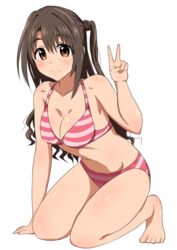  barefoot bikini breasts brown_eyes brown_hair commentary_request female idolmaster idolmaster_cinderella_girls kneeling long_hair medium_breasts one_side_up senshiya shimamura_uzuki smile solo striped_bikini striped_clothes swimsuit v 