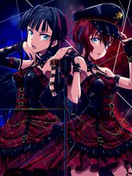  2girls bad_id bad_pixiv_id black_gloves black_hair black_hat choker corset cowboy_shot d_zeal dress fingerless_gloves floating_hair gloves hat highres idolmaster idolmaster_million_live! idolmaster_million_live!_theater_days julia_(idolmaster) long_hair mogami_shizuka multicolored_hair multiple_girls red_dress red_hair run_p_(aveton) short_dress short_hair sleeveless sleeveless_dress standing streaked_hair 