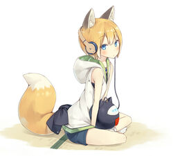  animal_ear_fluff animal_ears blonde_hair blue_eyes blush cable commentary_request female fox_ears fox_tail full_body gem headphones hood hood_down hoodie indian_style jewelry kuroino_(poco) looking_at_viewer necklace original poco_(asahi_age) shiratama_kitsune short_hair shorts simple_background sitting sleeveless sleeveless_hoodie socks solo tail tatami white_background 