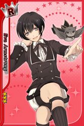  1boy bird black_hair black_socks blue_eyes card_(medium) crossed_legs eva_armstrong highres i-chu legwear_garter male_focus official_art owl pointing ribbon sammy_(i-chu) shorts socks solo 