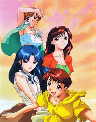  1990s_(style) 4girls archived_source arm_up bad_id bad_link blue_eyes blue_hair breasts brown_eyes brown_hair cleavage covered_nipples dark-skinned_female dark_skin earrings fujiwara_aya highres hood hood_down jewelry kurihara_mari large_breasts long_hair looking_at_viewer multiple_girls official_art open_mouth photoshop_(medium) retro_artstyle short_hair skirt sky sleeveless sleeveless_jacket smile strapless super_real_mahjong tanaka_ryou toono_mizuki toyohara_etsuko tube_top 