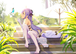  :d animal azur_lane backlighting bare_shoulders black_bow black_ribbon bloom blue_butterfly blurry blush bow bug butterfly clothing_cutout commentary day depth_of_field dress dress_bow elbow_gloves female gloves hair_bun hair_ribbon hand_up happy headgear lace lace-trimmed_ribbon lace_trim light_rays long_hair looking_away no_shoes ocarino one_side_up open_mouth outdoors parasol profile purple_eyes purple_hair ribbon side_cutout single_hair_bun single_side_bun sitting sitting_on_stairs smile solo stairs strapless strapless_dress stuffed_animal stuffed_toy stuffed_winged_unicorn sunbeam sunlight thighhighs umbrella unicorn_(azur_lane) very_long_hair white_dress white_gloves white_thighhighs 