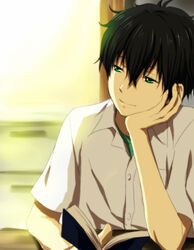  1boy book green_eyes hyouka indoors male male_focus oreki_houtarou portrait rito453 solo 