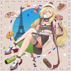  anchor_symbol balloon belt beret blonde_hair blue_eyes bottle breasts burger champagne_bottle chocolate commentary crepe crossed_legs cup dress eclair_(food) eiffel_tower female food french_flag_print gloves hachi_(hachi_hatch) hair_between_eyes hat high-waist_skirt holding holding_cup holding_food kantai_collection long_hair macaron madeleine mille-feuille mole mole_under_eye mole_under_mouth multicolored_clothes multicolored_dress multicolored_gloves multicolored_legwear multicolored_scarf one_eye_closed pinky_out pom_pom_(clothes) richelieu_(kancolle) rudder_footwear scarf sitting skirt solo strapless strapless_dress teacup wine_bottle 