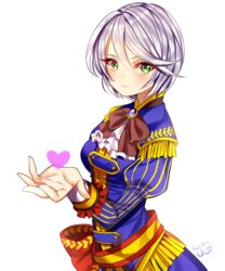  bad_id bad_pixiv_id female gambe green_eyes grey_hair heart looking_at_viewer pretty_series pripara shikyoin_hibiki short_hair signature simple_background smile solo white_background 