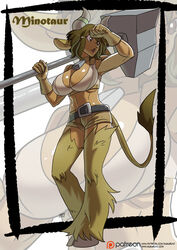  anthro big_breasts bovid bovine breasts brown_hair cleavage clothed clothing collar cowbell english_text european_mythology female gloves greek_mythology hair hammer handwear hi_res horn kukuruyoart mammal minotaur mythology patreon patreon_logo patreon_username pose short_hair skimpy solo text tools url weapon 