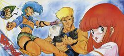  1980s_(style) 1boy 2girls :o absurdres arm_strap blonde_hair blue_background blue_hair boots choker clenched_hand copyright_name cream_lemon fingerless_gloves gloves green_eyes gun hair_over_one_eye helmet highres holding holding_gun holding_weapon long_hair looking_at_viewer mai_(pop_chaser) midriff multiple_girls navel official_art open_mouth painting_(medium) pop_chaser red_hair retro_artstyle rio_(pop_chaser) scan shirt short_hair short_sleeves shorts shoulder_pads thigh_strap tied_shirt traditional_media unworn_headwear unworn_helmet watercolor_(medium) weapon zack_(pop_chaser) 