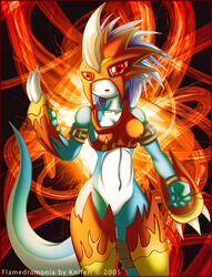  3_fingers anthro armor bandai_namco blue_body blue_hair blue_skin breasts claws digimon digimon_(species) female fingers flamedramon hair headgear helmet horn knifeh non-mammal_breasts red_eyes scalie short_hair solo 