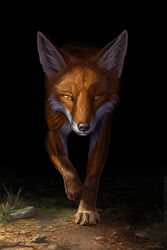  2016 4_fingers ambiguous_gender black_claws black_nose black_pawpads brown_body brown_fur canid canine claws detailed detailed_background digitigrade eosfoxx feral fingers fox front_view fur grass inner_ear_fluff leg_markings long_mouth looking_at_viewer mammal markings no_sclera orange_body orange_eyes orange_fur pawpads paws photorealism plant portrait pupils red_fox rock shadow slit_pupils snout socks_(marking) solo true_fox tuft walking whiskers white_body white_fur 