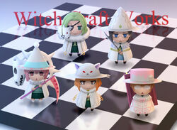  5girls animal_ears cape checkered_floor chessboard chibi commentary_request eyepatch glasses green_hair hat hood katana katsura_kotetsu kazari_rin kuraishi_tanpopo menowa_mei multiple_girls photoshop_(medium) scythe siraha sword utsugi_kanna weapon witch_craft_works witch_hat 