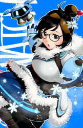  absurdres beads belt belt_pouch black-framed_eyewear black_hair blue_gloves blue_legwear boots brown_eyes brown_hair canteen character_name coat commentary_request copyright_name drone english_text female floating fur_boots fur_coat fur_trim glasses gloves hair_bun hair_ornament hair_stick highres kalua mei_(overwatch) multicolored_hair open_mouth outstretched_arms overwatch overwatch_1 parka pouch robot short_hair single_hair_bun snowball_(overwatch) snowflakes solo swept_bangs two-tone_hair utility_belt winter_clothes winter_coat 