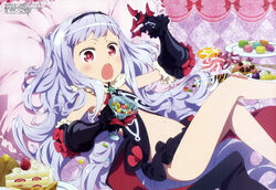  :o absurdres cake cake_slice candy cocktail_glass crossed_legs cup cupping_glass drinking_glass female food fruit glass gloves grey_hair hairband highres hoshimiya_kate jelly_bean lollipop long_hair lowleg lowleg_skirt lying macaron marble_chocolate megami_magazine non-web_source official_art on_back open_mouth pillow red_eyes sekai_seifuku:_bouryaku_no_zvezda shimada_sanae skirt solo strawberry strawberry_shortcake sweets swirl_lollipop venera-sama very_long_hair 