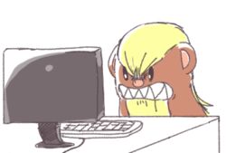  2016 ambiguous_gender angry computer electronics feral generation_7_pokemon herpestid humor inkerton-kun low_res mammal nintendo pokemon pokemon_(species) reaction_image sharp_teeth simple_background solo teeth what white_background yungoos 