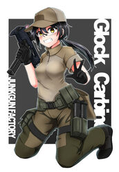  black_hair commentary_request extended_magazine female glock gloves gun handgun hat highres holding holding_gun holding_weapon kneeling load_bearing_equipment long_hair magazine_(weapon) original ponytail safety_glasses sekino_takehiro smile trigger_discipline v weapon yellow_eyes 