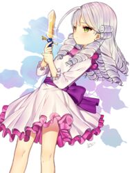  bad_id bad_pixiv_id dagger dress falulu female fusion gambe green_eyes holding holding_weapon knife long_hair pretty_series pripara shikyoin_hibiki signature solo weapon white_background white_hair 