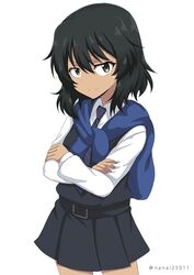  andou_(girls_und_panzer) bc_freedom_school_uniform black_hair black_skirt black_vest blue_necktie blue_sweater brown_eyes closed_mouth commentary cowboy_shot crossed_arms dark-skinned_female dark_skin diagonal_stripes dress_shirt female girls_und_panzer long_sleeves looking_at_viewer medium_hair messy_hair miniskirt necktie one-hour_drawing_challenge pleated_skirt red_necktie school_uniform shibagami shirt simple_background skirt smile solo standing striped striped_necktie sweater sweater_around_neck twitter_username vest white_background white_shirt wing_collar 