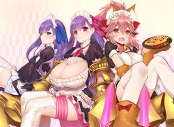  3girls alternate_costume animal_ears apron bangs bell bell_collar black_dress blue_eyes blue_ribbon blush breasts caster_(fate/extra) cat_hair_ornament cat_paws claws cleavage cleavage_cutout collar commentary_request dress enmaided eyebrows fate/extra fate/extra_ccc fate/grand_order fate_(series) fox_ears frilled_apron frills hair_between_eyes hair_ornament hair_ribbon holding holding_plate huge_breasts large_breasts legs long_hair looking_at_viewer looking_to_the_side maid maid_apron maid_headdress meltlilith multiple_girls neck_ribbon oerba_yun_fang omelet open_mouth passion_lip paws pink_eyes pink_hair pink_ribbon plate ponytail puffy_short_sleeves puffy_sleeves purple_hair red_ribbon ribbon short_sleeves sidelocks sitting sleeves_past_wrists small_breasts smile tamamo_cat_(fate/grand_order) thighs waifu2x white_legwear yaman yellow_eyes 