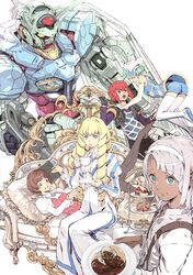  2boys 3girls absurdres aeon_(ms_saga) aqua_hair blonde_hair blue_eyes boots cake couch cup dark_skin dress drill_hair elbow_gloves fingerless_gloves food frilled_sleeves frills g-self gloves grey_hair gundam gundam_g_no_reconguista hairband highres holding holding_cup juliet_sleeves kihel_heim long_sleeves looking_at_viewer loran_cehack lying mecha ms_saga multiple_boys multiple_girls official_art on_back pantyhose puffy_sleeves red_hair robot science_fiction short_hair sitting smile sochie_heim thigh_boots thighhighs tristan_(ms_saga) turn_a_gundam weapon white_background white_dress white_legwear yasuda_akira yellow_eyes 