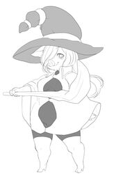  big_breasts breasts clothing domestic_pig female hair hat headgear headwear humanoid mammal monochrome powderkona short_hair simple_background solo suid suina sus_(pig) witch_hat 