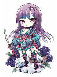  black_baccara_(flower_knight_girl) boots breasts chains chibi choker cleavage commentary_request female flower flower_knight_girl frills full_body garter_straps hair_ornament hairclip highres japanese_clothes kimono knee_boots large_breasts long_hair long_sleeves looking_at_viewer name_connection obi object_namesake pink_eyes purple_hair sash short_kimono solo sword thighhighs ushi_(ushi22) weapon white_background 