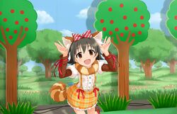  :d akagi_miria animal_ears artist_request black_hair blush brown_eyes cable female hands_up highres idolmaster idolmaster_cinderella_girls idolmaster_cinderella_girls_starlight_stage looking_at_viewer official_art open_mouth raccoon_ears raccoon_tail shippo_mofumofu_(idolmaster) short_hair skirt smile solo suspender_skirt suspenders tail 