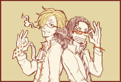  2boys back-to-back bespectacled black_hair blonde_hair border glasses hair_over_one_eye lou_(usopo) male male_focus multiple_boys necktie one_piece ponytail red-framed_glasses sanji usopp wave waving 