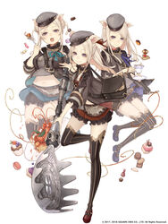  3girls :o animal_ears bag blonde_hair bloomers blue_little_pig_(sinoalice) breasts cake checkerboard_cookie company_name cookie copyright_notice cup cupcake flat_chest food fork frills full_body gimp_(medium) green_little_pig_(sinoalice) hat highres ji_no large_breasts long_hair looking_at_viewer macaron mary_janes medium_breasts midriff multiple_girls navel official_art pasta pig_ears purple_eyes red_little_pig_(sinoalice) ribbon shoes shoulder_bag siblings sinoalice sisters smile spaghetti teacup thighhighs underwear white_background 