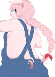  anthro blue_eyes braided_hair breasts clothing curled_tail domestic_pig female hair mammal overalls pink_body pink_hair powderkona short_hair simple_background slightly_chubby solo suid suina sus_(pig) tail white_background 