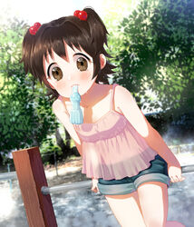  akagi_miria bad_id bad_pixiv_id bare_shoulders blush bottle breasts brown_eyes brown_hair camisole collarbone day denim denim_shorts female furururu hair_bobbles hair_ornament hand_rest horizontal_bar idolmaster idolmaster_cinderella_girls leaning_on_object looking_at_viewer mouth_hold outdoors pink_shirt see-through shadow shirt short_hair short_shorts shorts sleeveless sleeveless_shirt small_breasts solo sweat tree two_side_up 