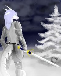  4:5 armor blue_eyes dragon eyewear frost frost_(frostedscales) frostedscales glasses hair horn long_hair male melee_weapon mythological_creature mythological_scalie mythology painting plant plate_armor scales scalie snow snowing solo sword tail tree weapon white_body white_hair white_scales 