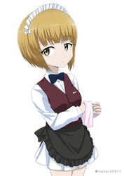  apron bartender black_apron black_bow black_bowtie blonde_hair blunt_bangs bow bowtie brown_vest closed_mouth cloth commentary cowboy_shot cutlass_(girls_und_panzer) dress_shirt female frilled_apron frills frown girls_und_panzer glass handkerchief holding long_sleeves looking_at_viewer maid_headdress miniskirt one-hour_drawing_challenge pleated_skirt school_uniform shibagami shirt simple_background skirt standing twitter_username vest waist_apron white_background white_shirt white_skirt wing_collar wiping yellow_eyes 