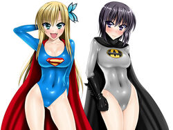  2girls bad_id bad_pixiv_id batman batman_(cosplay) batman_(series) black_hair blonde_hair blue_eyes blue_leotard boku_wa_tomodachi_ga_sukunai breasts bug butterfly butterfly_hair_ornament cape cleavage cosplay covered_navel dc_comics gloves grey_leotard hair_ornament highleg highleg_leotard highres kashiwazaki_sena large_breasts leotard long_hair mikazuki_yozora multiple_girls oerba_yun_fang purple_eyes sen_(sansui) short_hair skin_tight superhero_costume superman superman_(cosplay) superman_(series) superwoman 