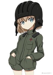  black_hat blonde_hair blue_eyes closed_mouth commentary emblem female frown girls_und_panzer green_jumpsuit hands_in_pockets hat helmet jumpsuit katyusha_(girls_und_panzer) long_sleeves military military_uniform one-hour_drawing_challenge pravda_military_uniform shibagami short_hair short_jumpsuit simple_background solo tank_helmet twitter_username uniform v-shaped_eyebrows white_background 