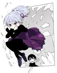  !? 1boy autodefenestration black_hair breaking bright_pupils commentary crack crossed_arms darker_than_black dress expressionless female flat_color grey_hair hair_between_eyes hair_ribbon hei_(darker_than_black) jitome jumping loafers long_hair long_sleeves mask pantyhose ponytail purple_dress purple_eyes purple_ribbon ribbon shoes simple_background speech_bubble spoken_interrobang through_window tonmoh white_background white_pupils window yin_(darker_than_black) 